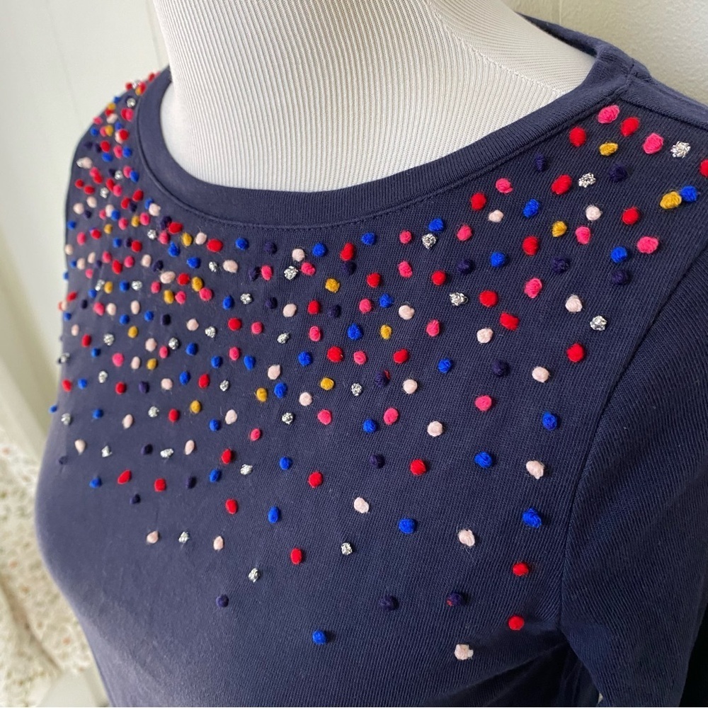 Talbots 3/4 sleeves multicolor embellish mini pom pom top Navy Blue Sz Petite P - Picture 5 of 12